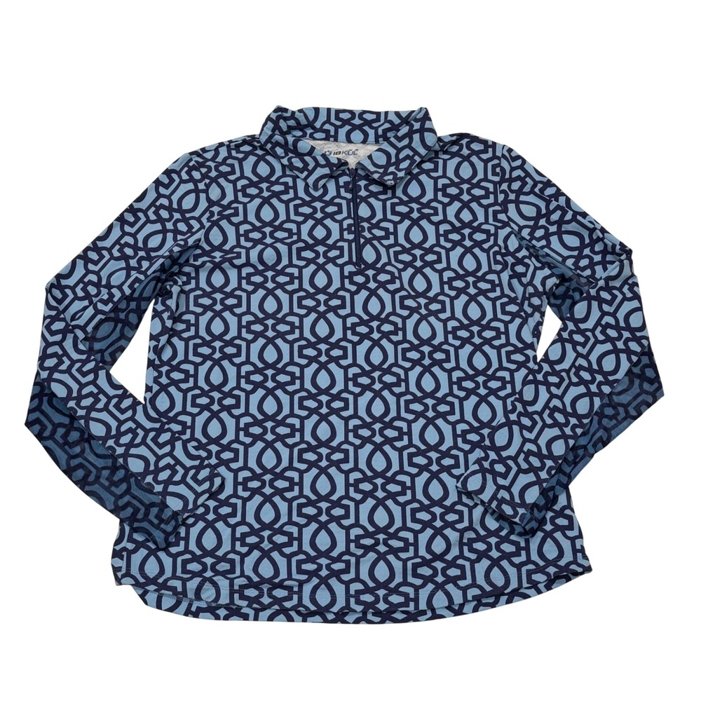 IBKÜL 1/4 Zip Pullover Women L‎ Blue Geometric Mesh Vent Long Sleeve Top Tennis